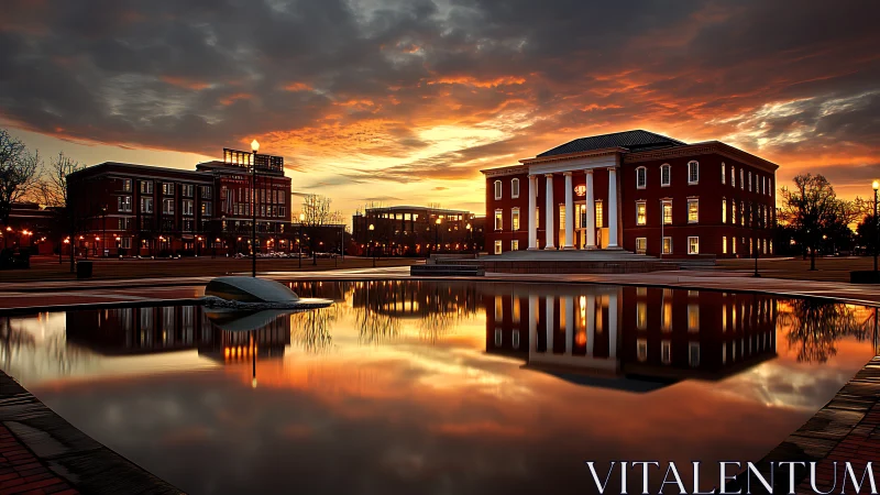 Sunset-lit civic plaza with neoclassical hall reflections.
