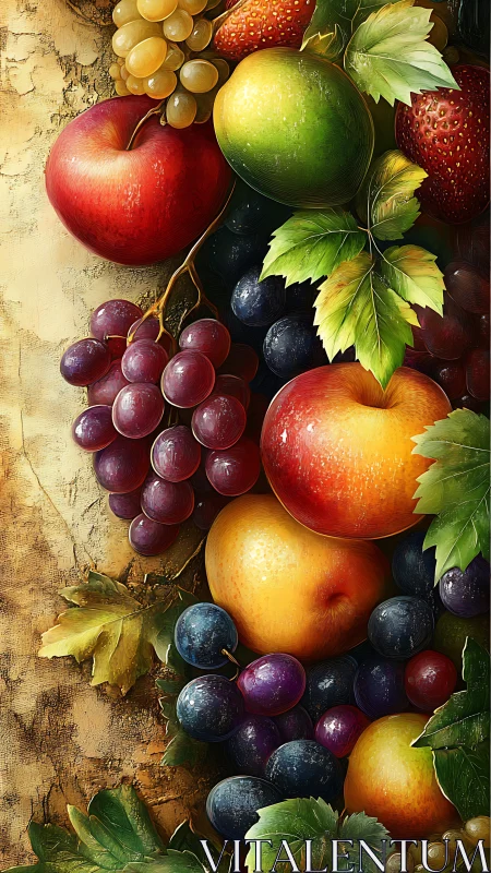 Sunlit orchard bounty spilling over in lush painterly color.