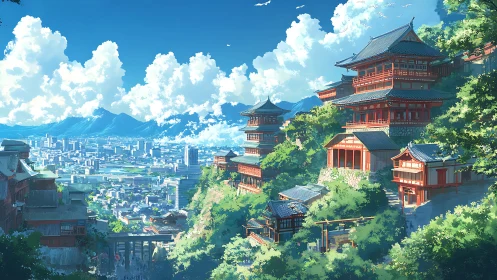 Skyline shrine terraces watching a sunlit mountain city.