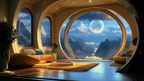 Orbital lounge viewport framing luminous exoplanet horizon.