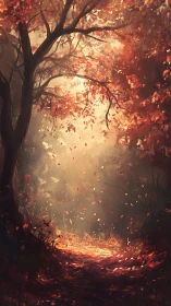 Autumn forest path with backlit foliage and atmospheric lighting conditions.