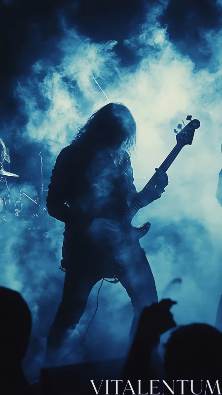 Silhouetted rock guitarist commands stage through blue smoke.