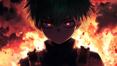 Incandescent-eyed anime combatant framed by eruptive flames.