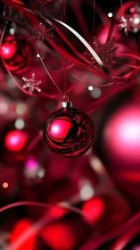 Red glass bauble floats amid ribbons and glittering snowflakes.