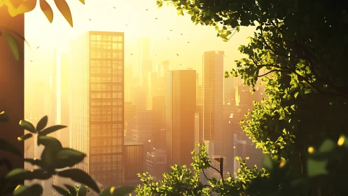 Sunlit city skyline framed by dense green foliage at dawn.