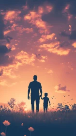 Sunset walk with dad through a quiet, glowing meadow.