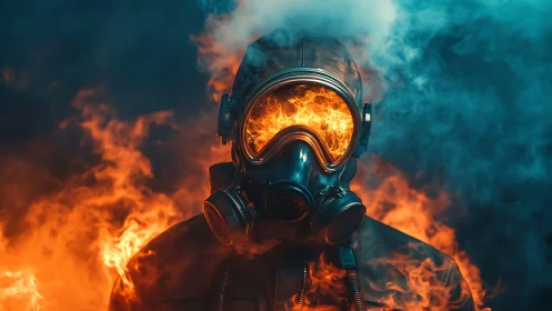 Inferno Sentinel: Fire-Eyed Guardian in Apocalyptic Haze.