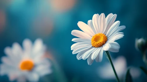 White Daisy with Yellow Center Against Blue Background