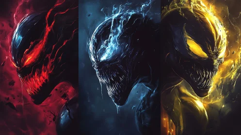 Triadic elemental symbiote portraits in red, blue, yellow flame