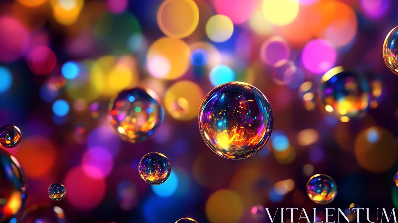 Multicolored translucent bubbles against blurred bokeh field.