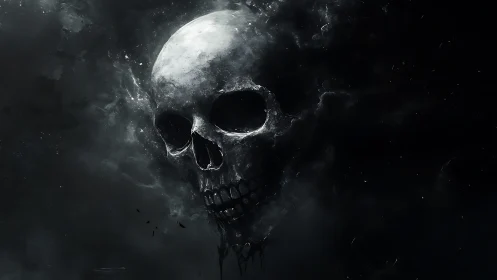 Bleached skull emerging from dark swirling smoke clouds.