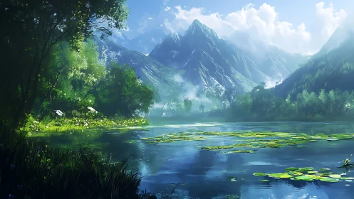 Mountain lake reflects emerald forest and sunlit peaks.