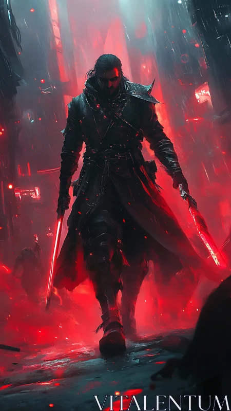 Cybernetic swordsman stalking through neon crimson rain.