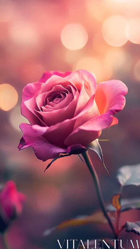 Velvet dusk rose glowing against dreamy bokeh sunset haze.