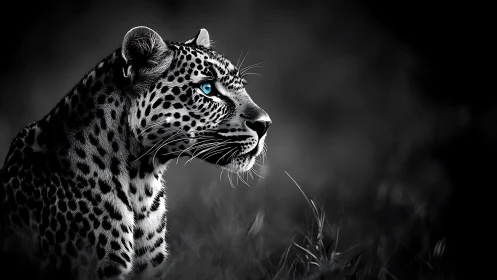 Sapphire-Eyed Leopard Portrait in Monochrome Majesty.