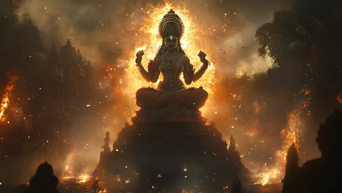 Radiant temple guardian seated within swirling sacred fire.