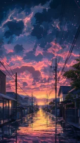 Sunset-lit wet street reflects dramatic pink storm clouds