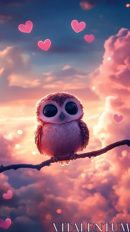Cute pink owl floats on a branch above dreamy sunset clouds