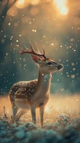 Young spotted deer stands under golden forest snowfall