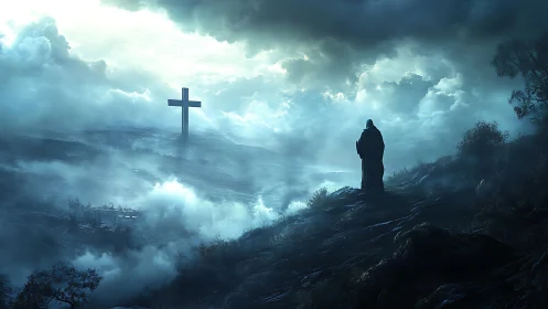 Silent pilgrim watching stormlit cross above misted valley.