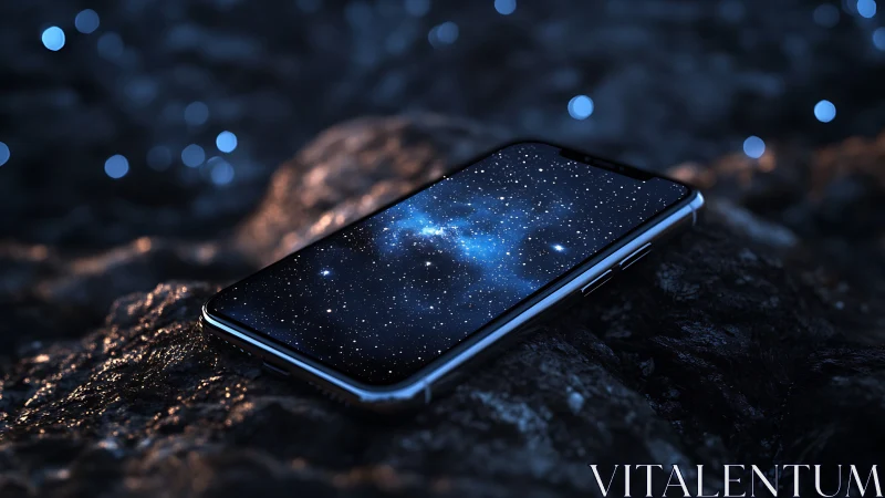 Photorealistic smartphone galaxy display on wet stone surface.