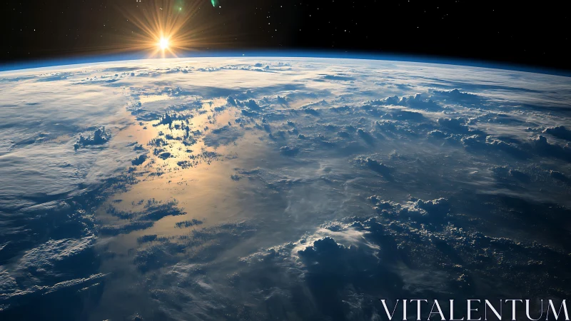 Photorealistic orbital view of Earth with sunrise horizon glow.