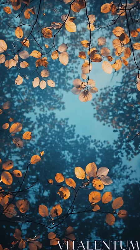 Autumn branches with orange leaves against blue forest sky.