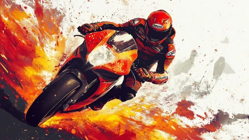 Motorcycle racer carves through fiery speed-splashed track