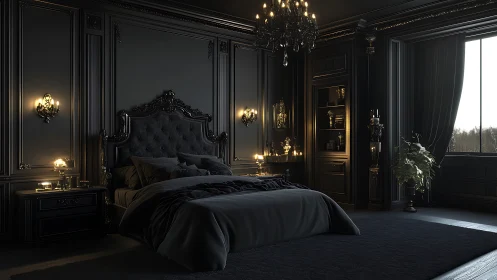 Noir baroque bedroom with dramatic moody lighting.