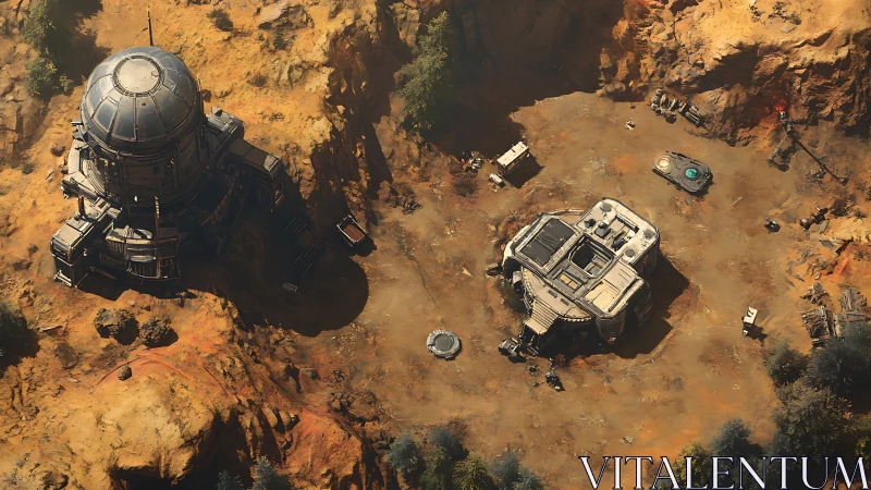 Isometric desert outpost with domed sci fi reactor and base.