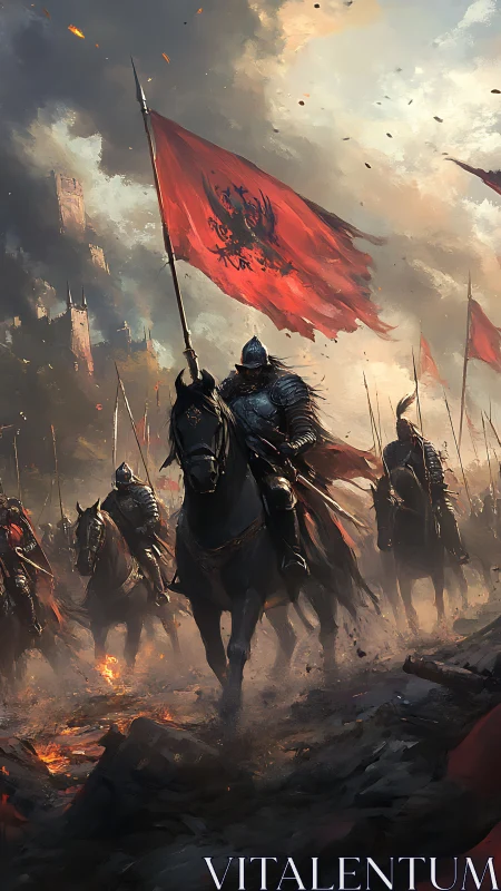 Armored cavalry advance under red war banners in smoke