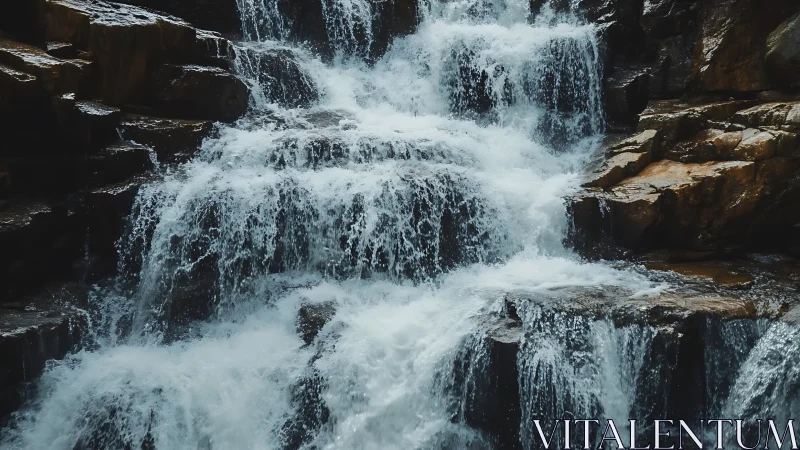 Tiered mountain waterfall cascading over rugged rocks.