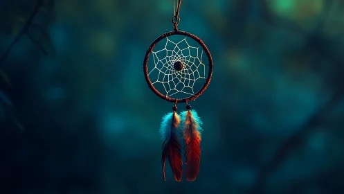 Dreamcatcher with feathers against teal blurred background.
