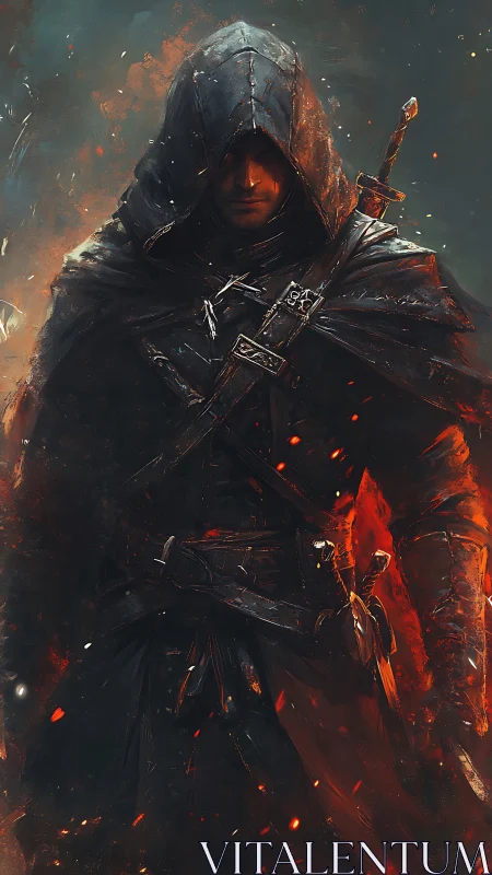 Hooded rogue in ember-lit cloak rendered as dynamic digital painting