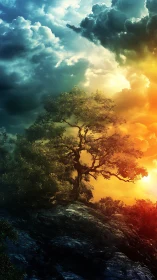 Lone tree stands on rocky slope under divided stormy sky