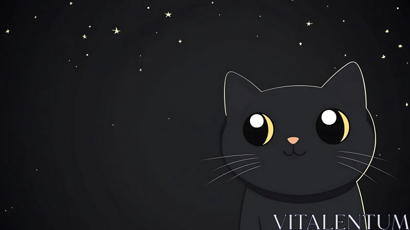 Black cat illustration against starry night sky backdrop.