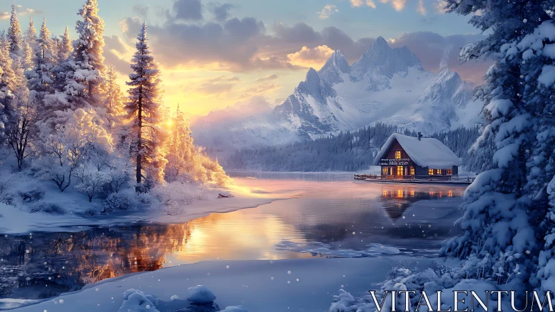 Winter lake chalet at sunrise rendered as luminous digital art