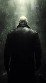 Bald trench coat figure backlit in cinematic rain shaft