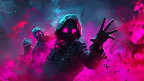 Neon masked figures stride through swirling pink and cyan mist
