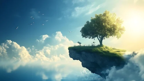 Lonely sky island drifts toward sunrise through quiet clouds