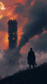 Lone wanderer studies a burning tower under a smokey sky