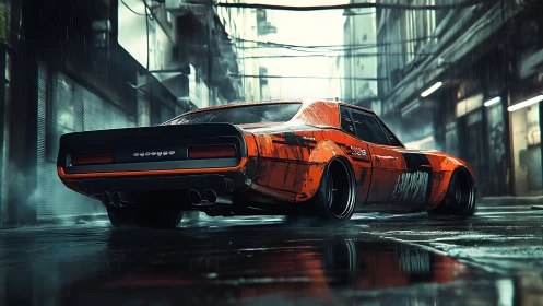 Orange muscle car in rainy neon lit urban alley at night.