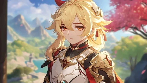 Golden haired fantasy knight in ornate armor, soft mountain vista