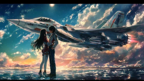 Sunset runway embrace under futuristic jet fighter.