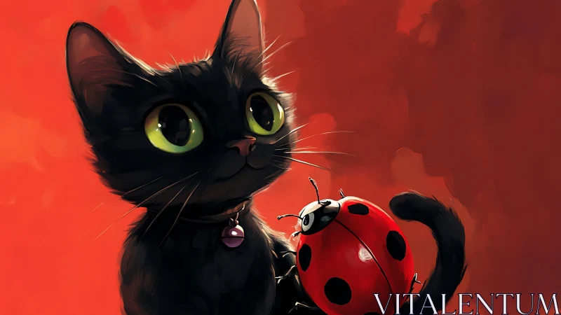 Black Cat with Ladybug: Digital Painting Study.