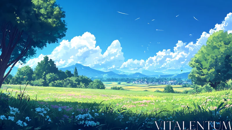 Sunlit meadow stretches toward distant blue mountains.