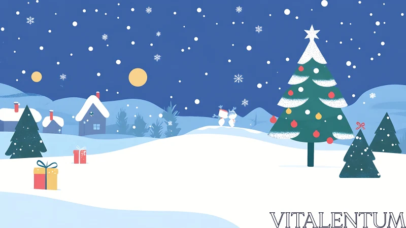 Minimalist snowy village with decorated Christmas fir tree
