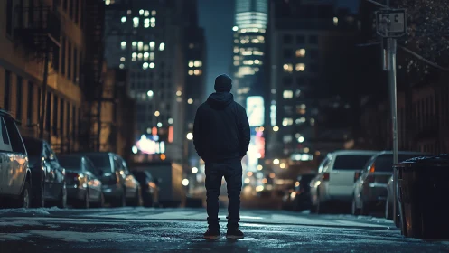 Backlit solitary figure in winter urban alley, night bokeh glow.