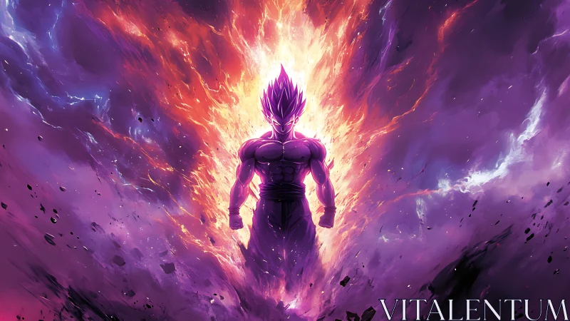 Cosmic warrior ignites within violet and ember stormscape.