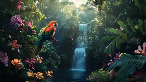 Scarlet macaw perches before misted jungle waterfall in diffused light